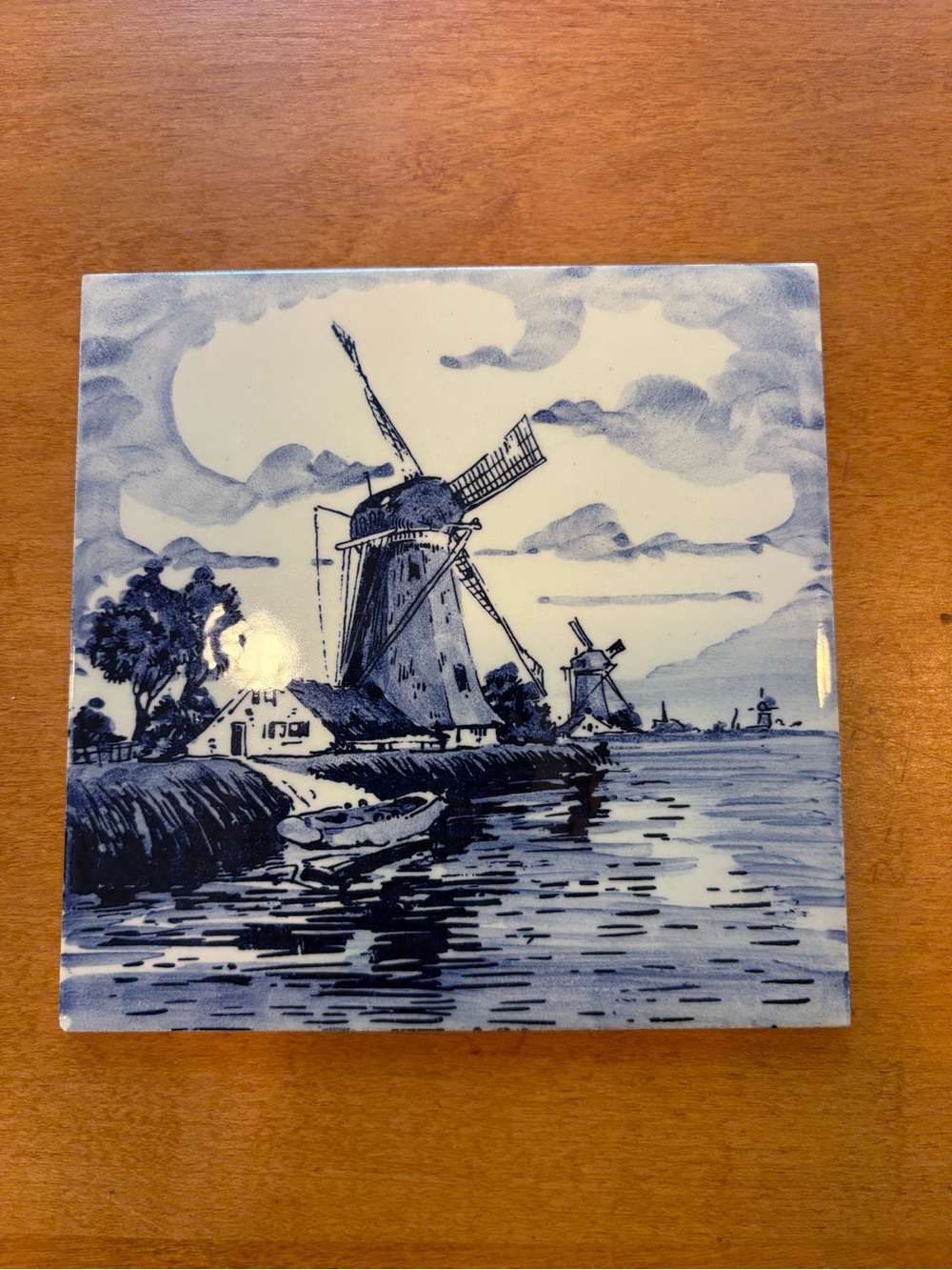Vintage Blue Delft-Style Windmill Ceramic Wall Tile